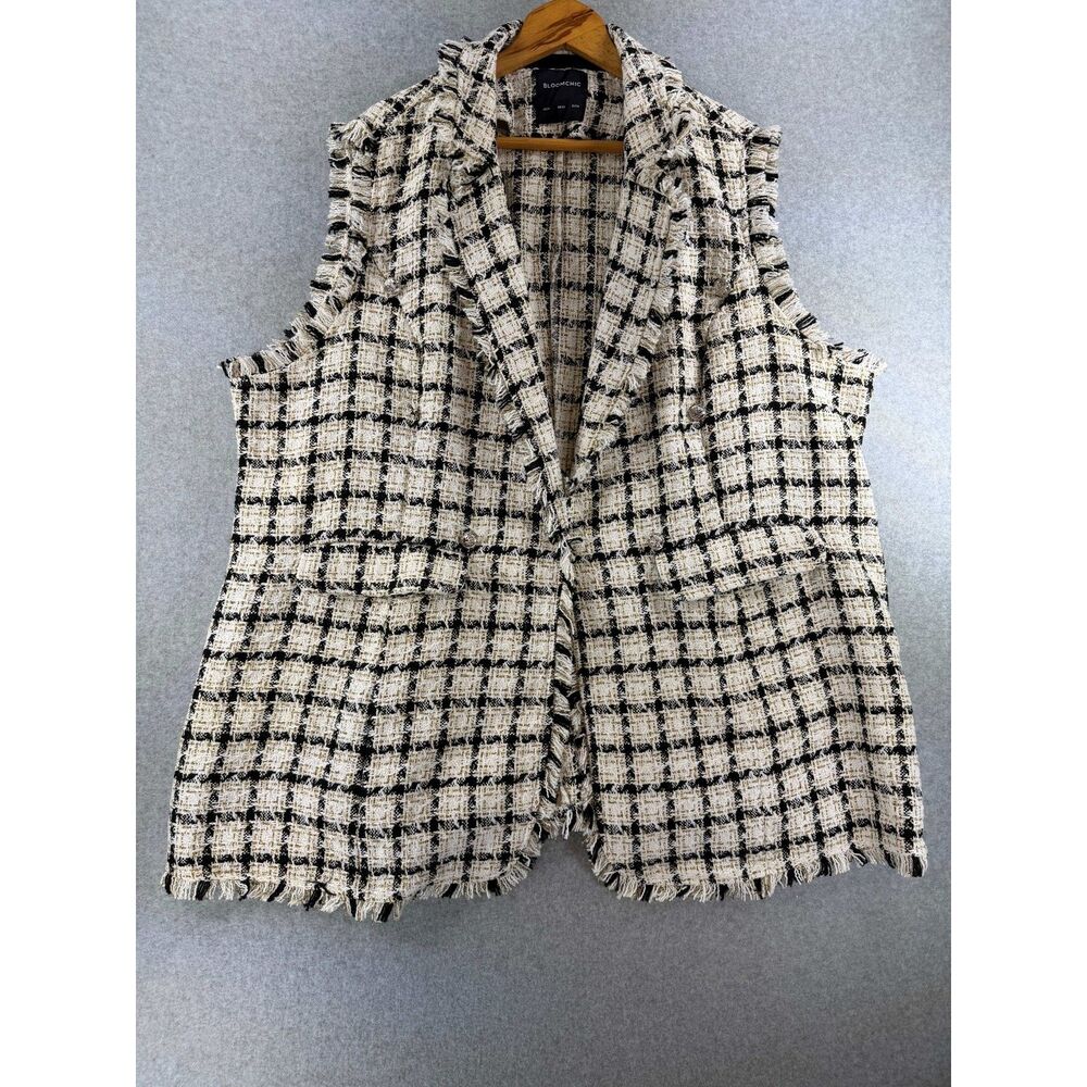 Bloomchic Plus Size 26 Black Cream Plaid Tweed Fringe Vest Blazer 3494